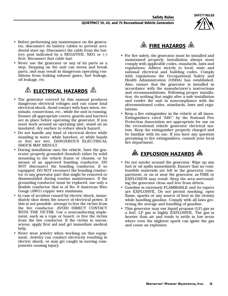 Electrical hazards, Fire hazards, Explosion hazards | Generac 004702-0 User Manual | Page 5 / 56