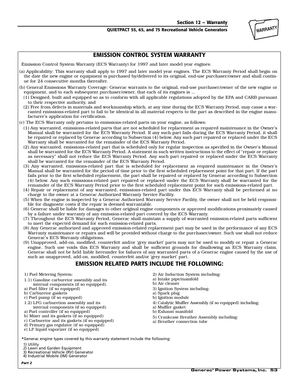 Emission control system warranty, Emission related parts include the following | Generac 004702-0 User Manual | Page 55 / 56