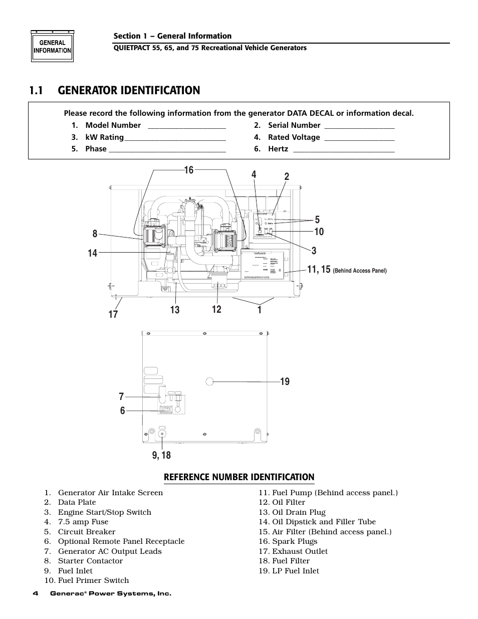 1 generator identification | Generac 004702-0 User Manual | Page 6 / 56