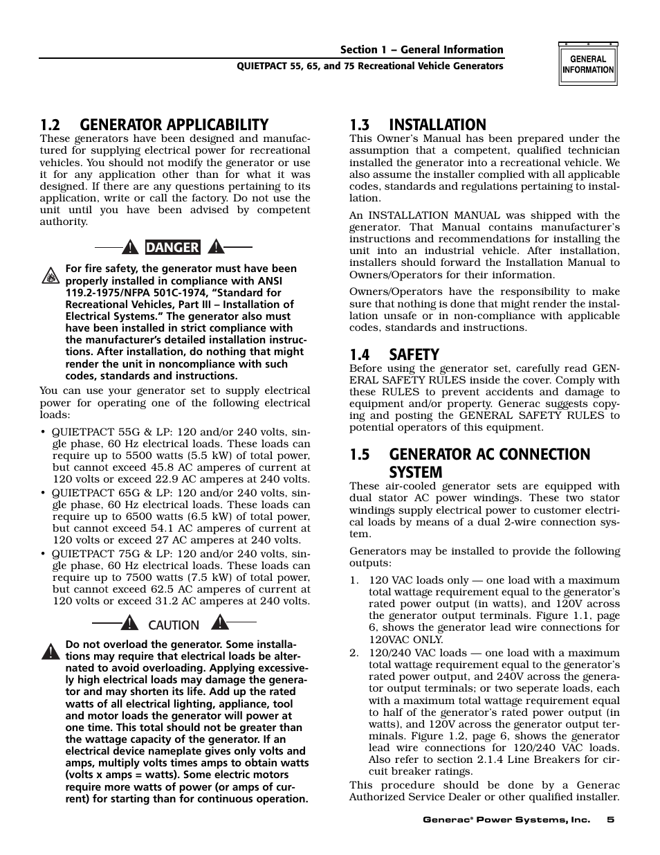 2 generator applicability, 3 installation, 4 safety | 5 generator ac connection system | Generac 004702-0 User Manual | Page 7 / 56