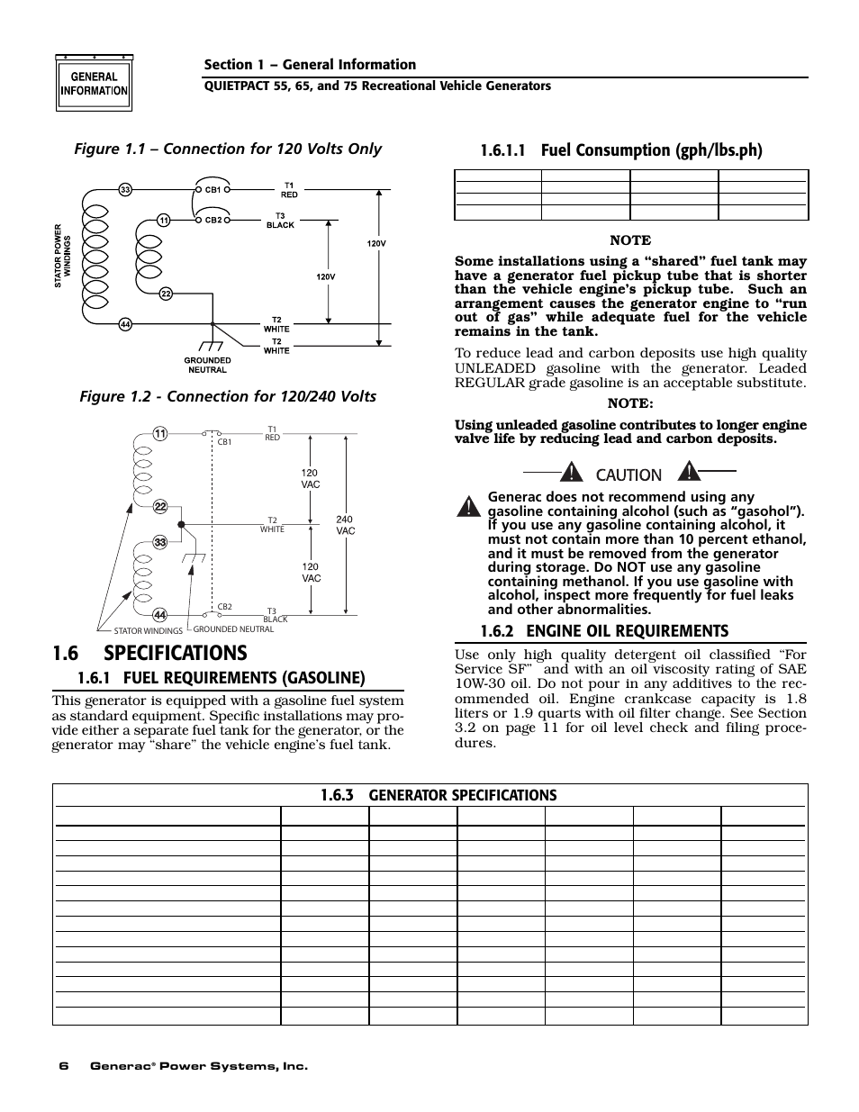 6 specifications, 1 fuel requirements (gasoline), 1 fuel consumption (gph/lbs.ph) | 2 engine oil requirements | Generac 004702-0 User Manual | Page 8 / 56