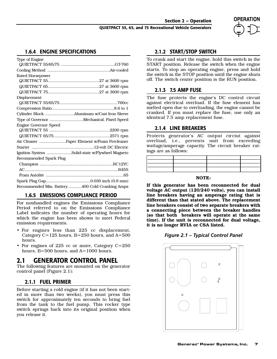 1 generator control panel, 4 engine specifications, 5 emissions compliance period | 1 fuel primer, 2 start/stop switch, 3 7.5 amp fuse, 4 line breakers, Figure 2.1 – typical control panel | Generac 004702-0 User Manual | Page 9 / 56
