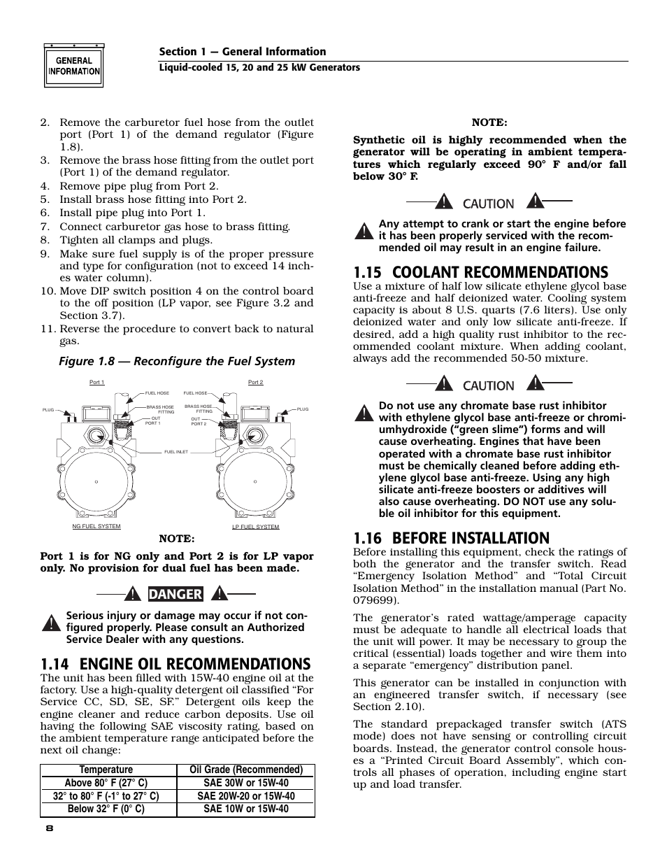 14 engine oil recommendations, 15 coolant recommendations, 16 before installation | Danger, Figure 1.8 — reconfigure the fuel system | Generac 005030-0 (15kW) User Manual | Page 10 / 60