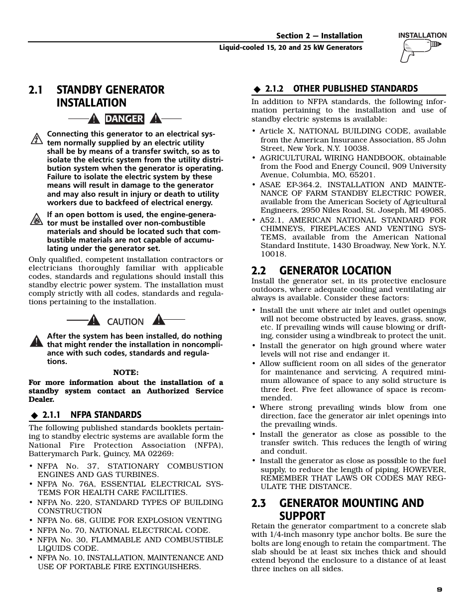 1 standby generator installation, 2 generator location, 3 generator mounting and support | Generac 005030-0 (15kW) User Manual | Page 11 / 60