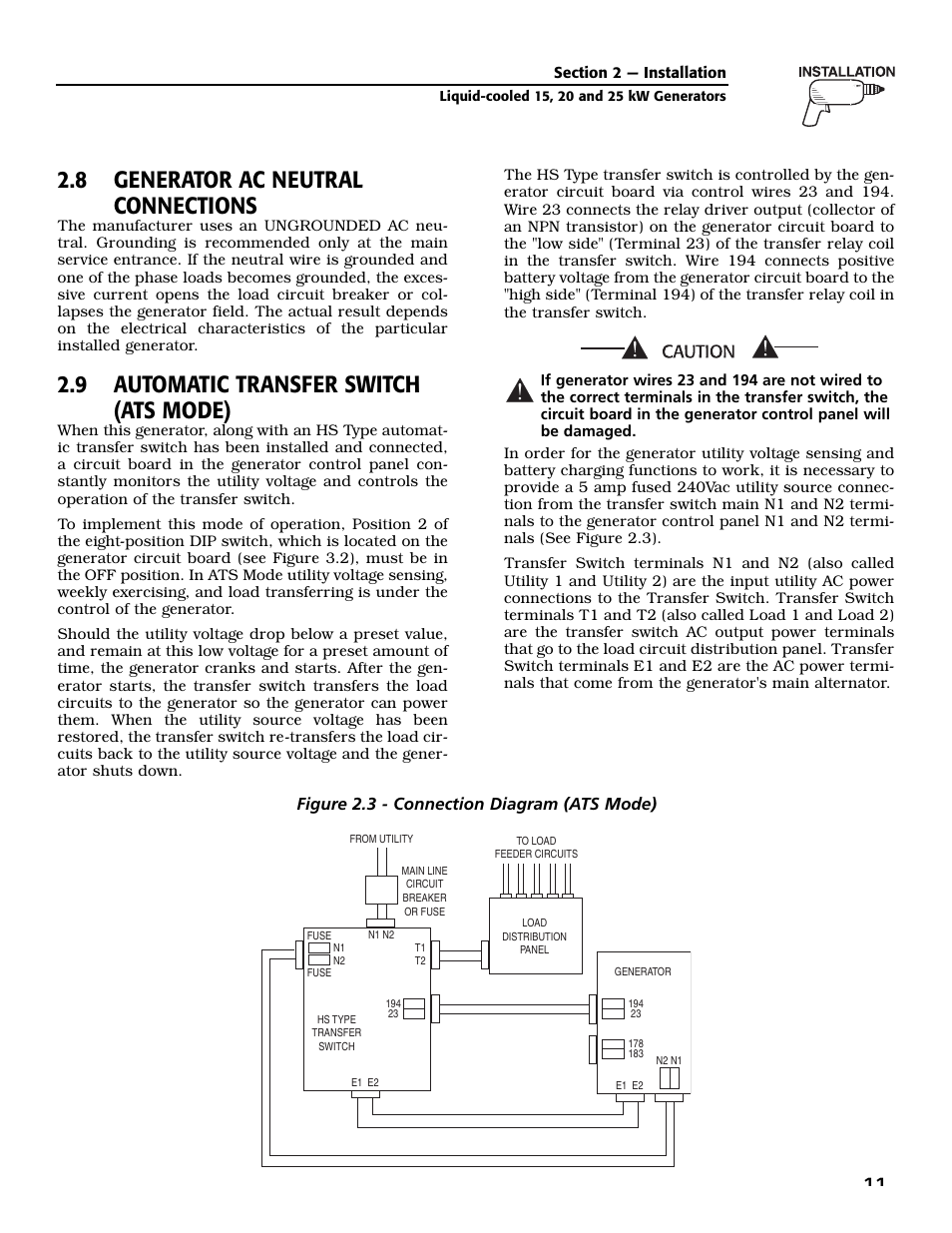 8 generator ac neutral connections, 9 automatic transfer switch (ats mode), Figure 2.3 - connection diagram (ats mode) | Generac 005030-0 (15kW) User Manual | Page 13 / 60