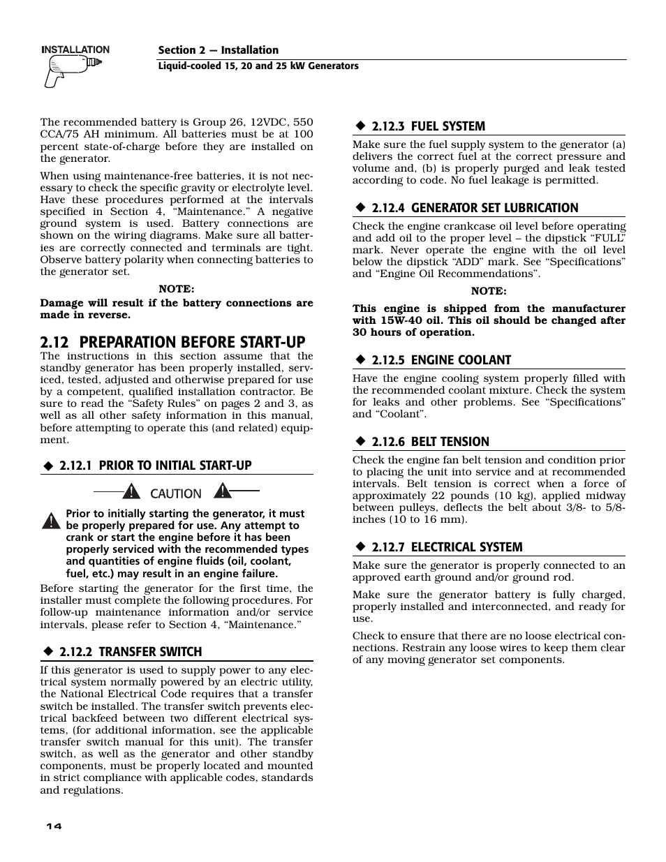 12 preparation before start-up | Generac 005030-0 (15kW) User Manual | Page 16 / 60