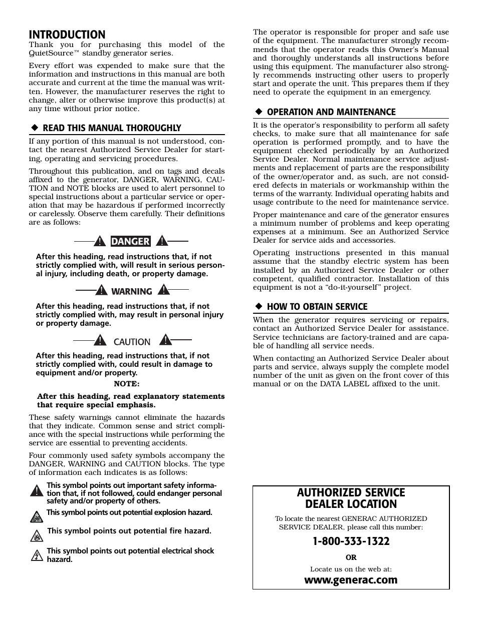 Introduction, Authorized service dealer location | Generac 005030-0 (15kW) User Manual | Page 2 / 60