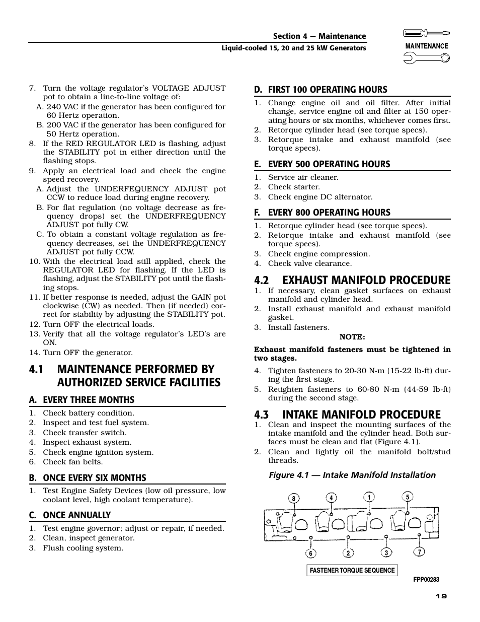 2 exhaust manifold procedure, 3 intake manifold procedure | Generac 005030-0 (15kW) User Manual | Page 21 / 60