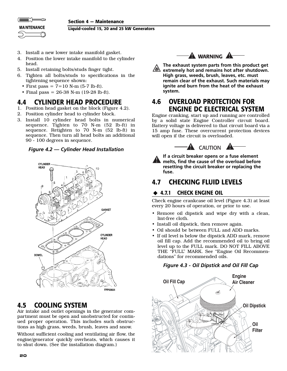 4 cylinder head procedure, 5 cooling system, 7 checking fluid levels | Generac 005030-0 (15kW) User Manual | Page 22 / 60