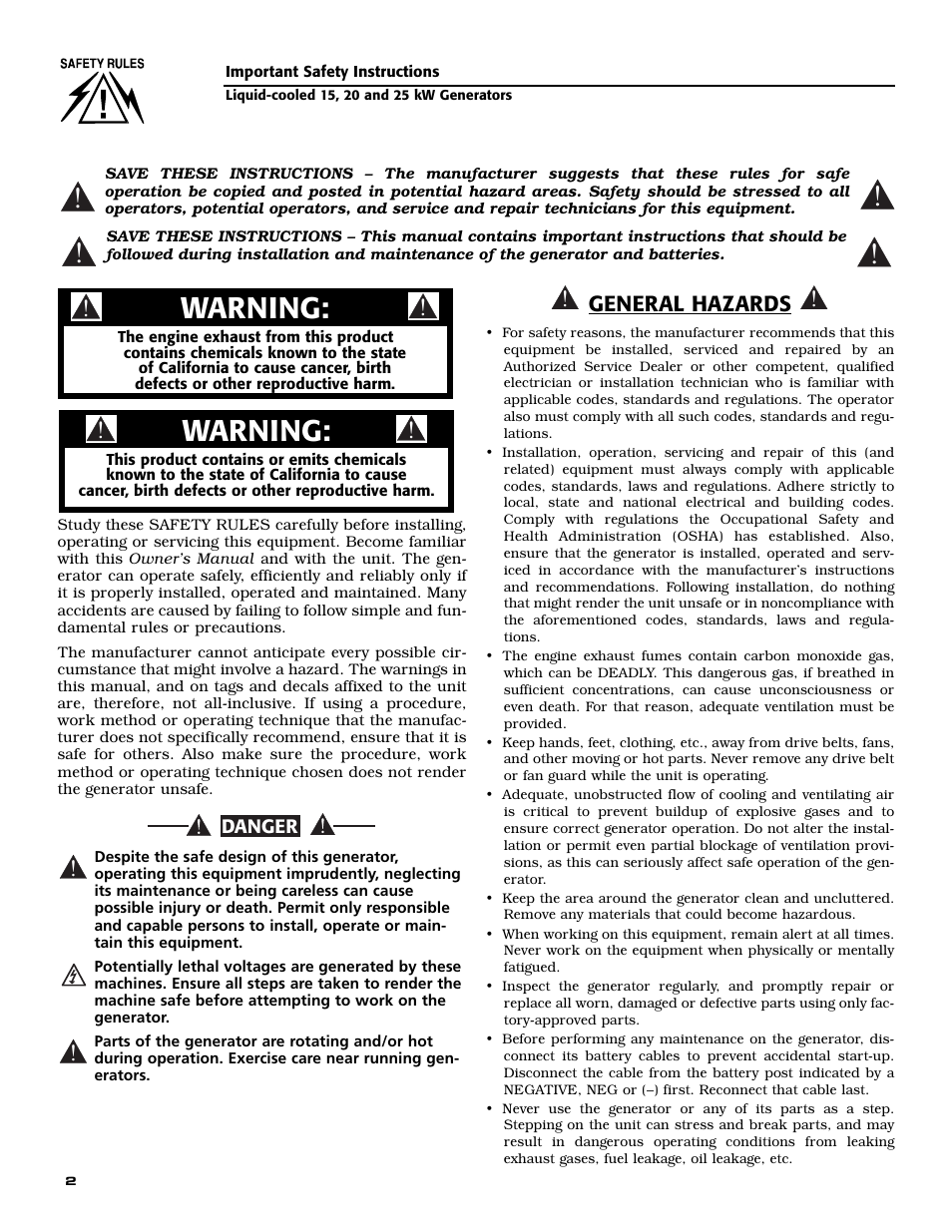 Warning | Generac 005030-0 (15kW) User Manual | Page 4 / 60
