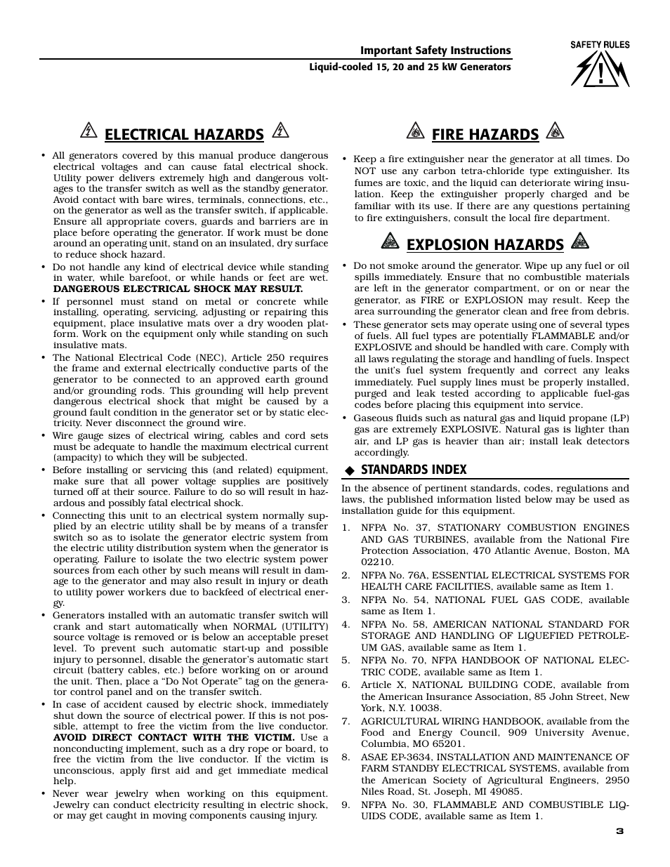 Electrical hazards, Fire hazards, Explosion hazards | Standards index | Generac 005030-0 (15kW) User Manual | Page 5 / 60