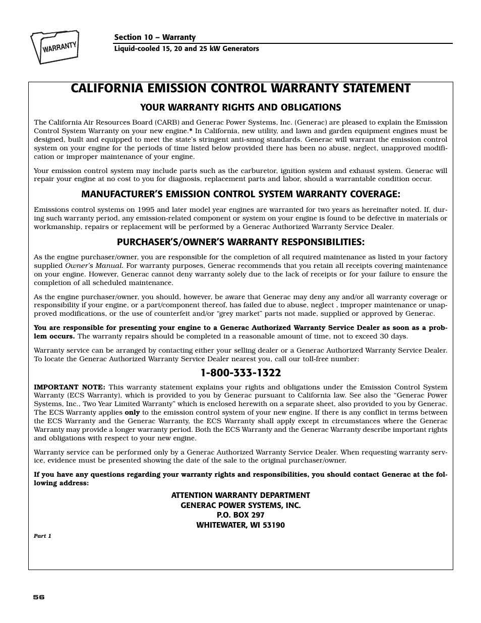 California emission control warranty statement | Generac 005030-0 (15kW) User Manual | Page 58 / 60