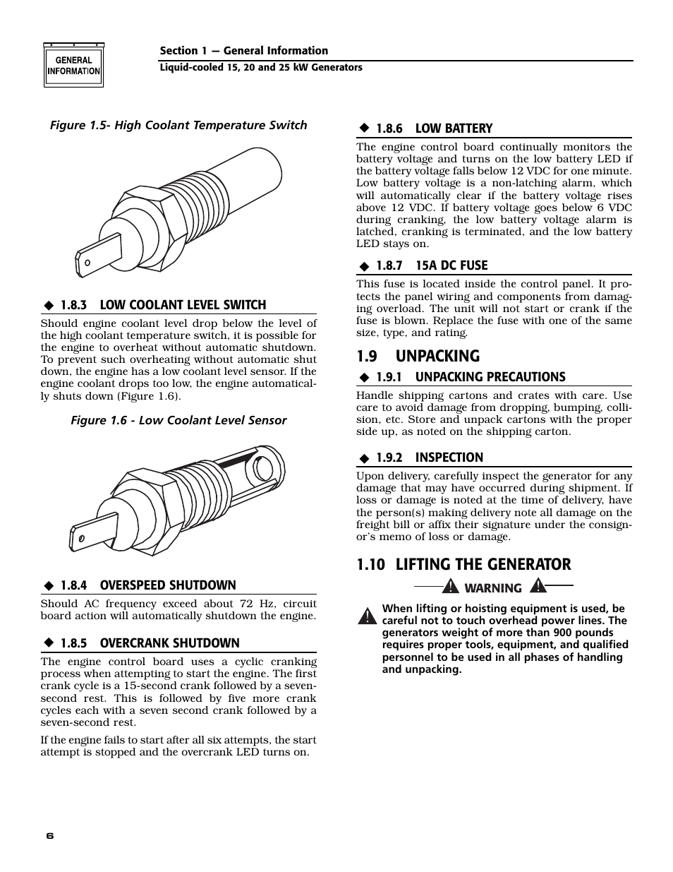 9 unpacking, 10 lifting the generator | Generac 005030-0 (15kW) User Manual | Page 8 / 60