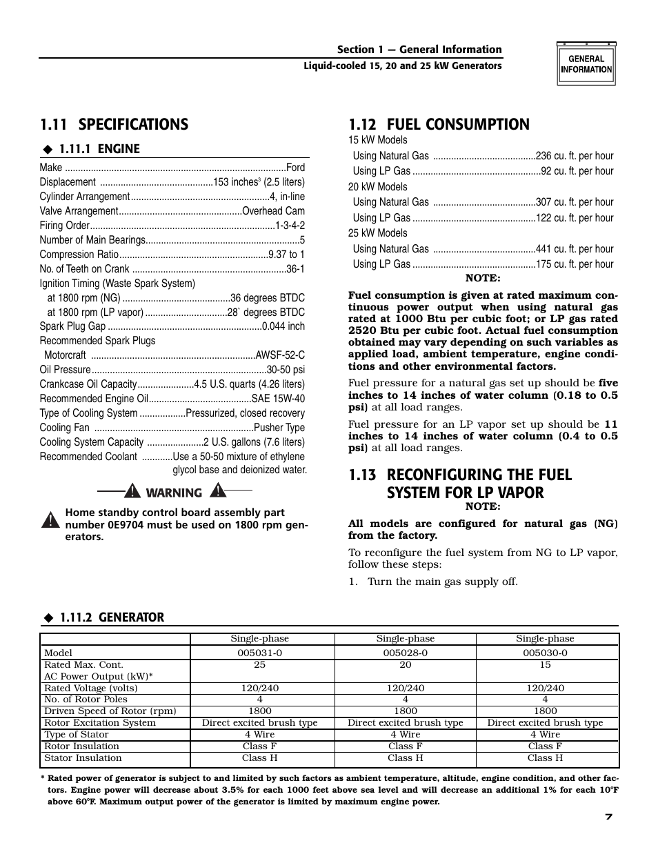 11 specifications, 12 fuel consumption, 13 reconfiguring the fuel system for lp vapor | Generac 005030-0 (15kW) User Manual | Page 9 / 60