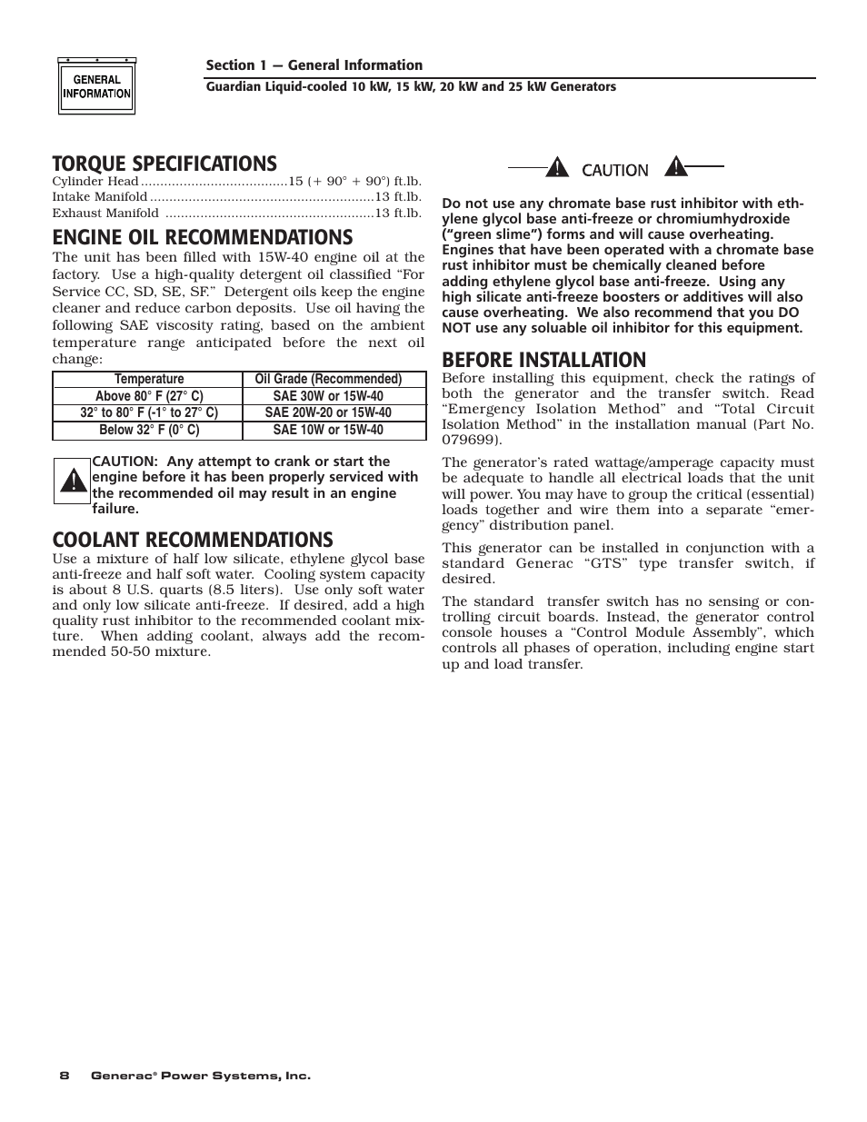 Torque specifications, Engine oil recommendations, Coolant recommendations | Before installation | Generac 004090-2 User Manual | Page 10 / 52