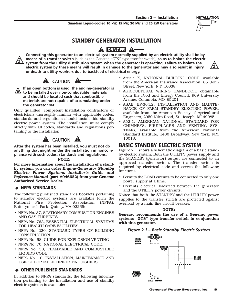 Basic standby electric system, Standby generator installation | Generac 004090-2 User Manual | Page 11 / 52