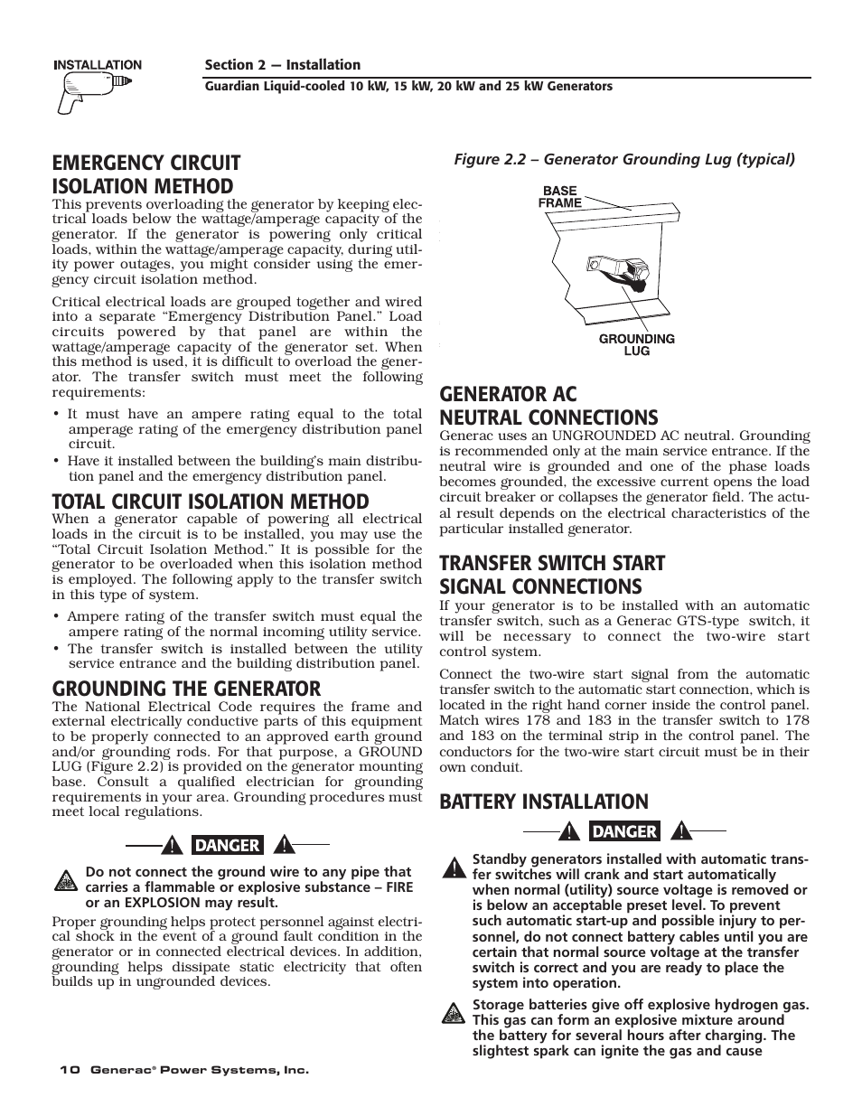 Emergency circuit isolation method, Total circuit isolation method, Grounding the generator | Generator ac neutral connections, Transfer switch start signal connections, Battery installation | Generac 004090-2 User Manual | Page 12 / 52