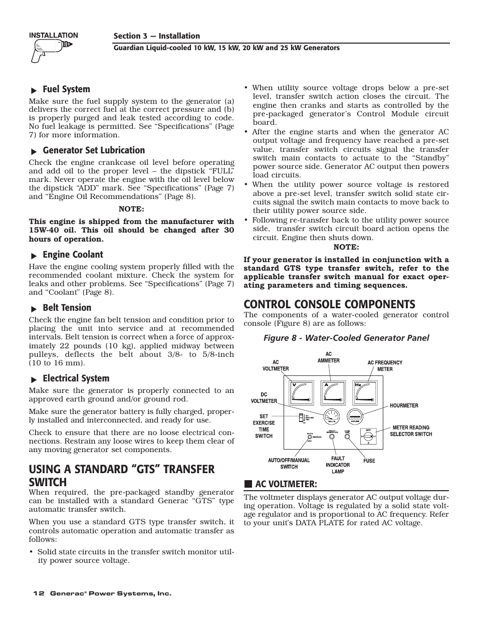 Using a standard “gts” transfer switch, Control console components | Generac 004090-2 User Manual | Page 14 / 52