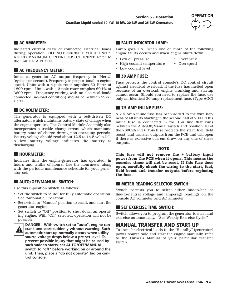 Manual transfer and start up | Generac 004090-2 User Manual | Page 15 / 52