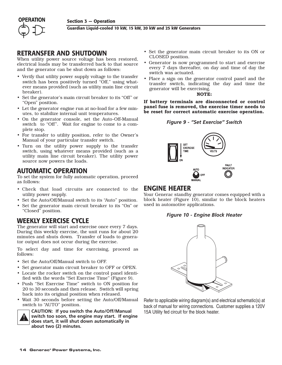 Retransfer and shutdown, Automatic operation, Weekly exercise cycle | Engine heater | Generac 004090-2 User Manual | Page 16 / 52