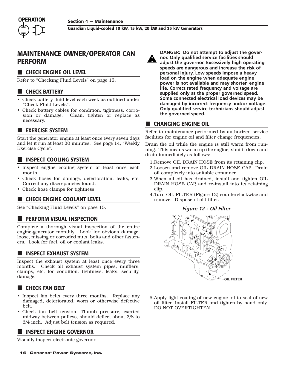 Maintenance owner/operator can perform | Generac 004090-2 User Manual | Page 18 / 52