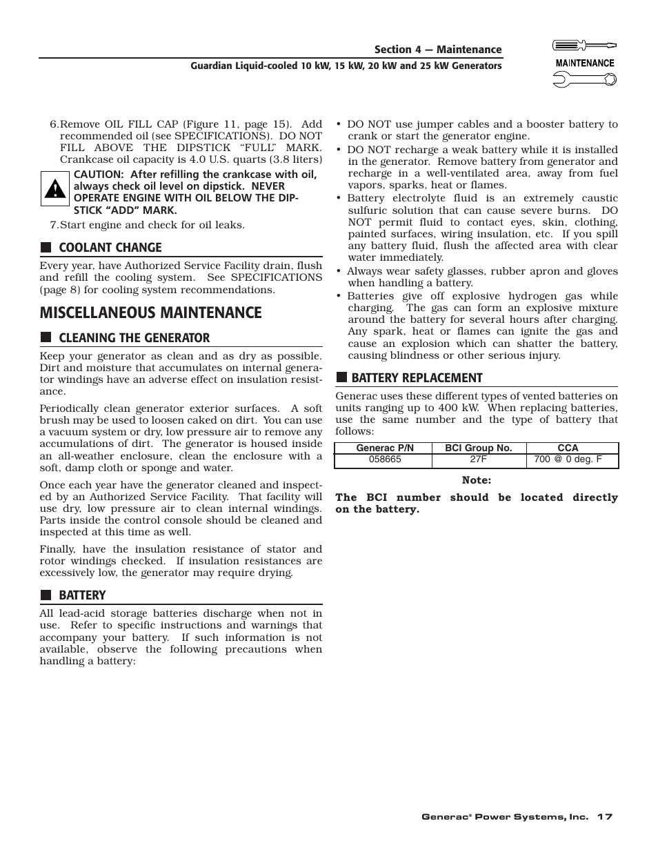 Miscellaneous maintenance | Generac 004090-2 User Manual | Page 19 / 52