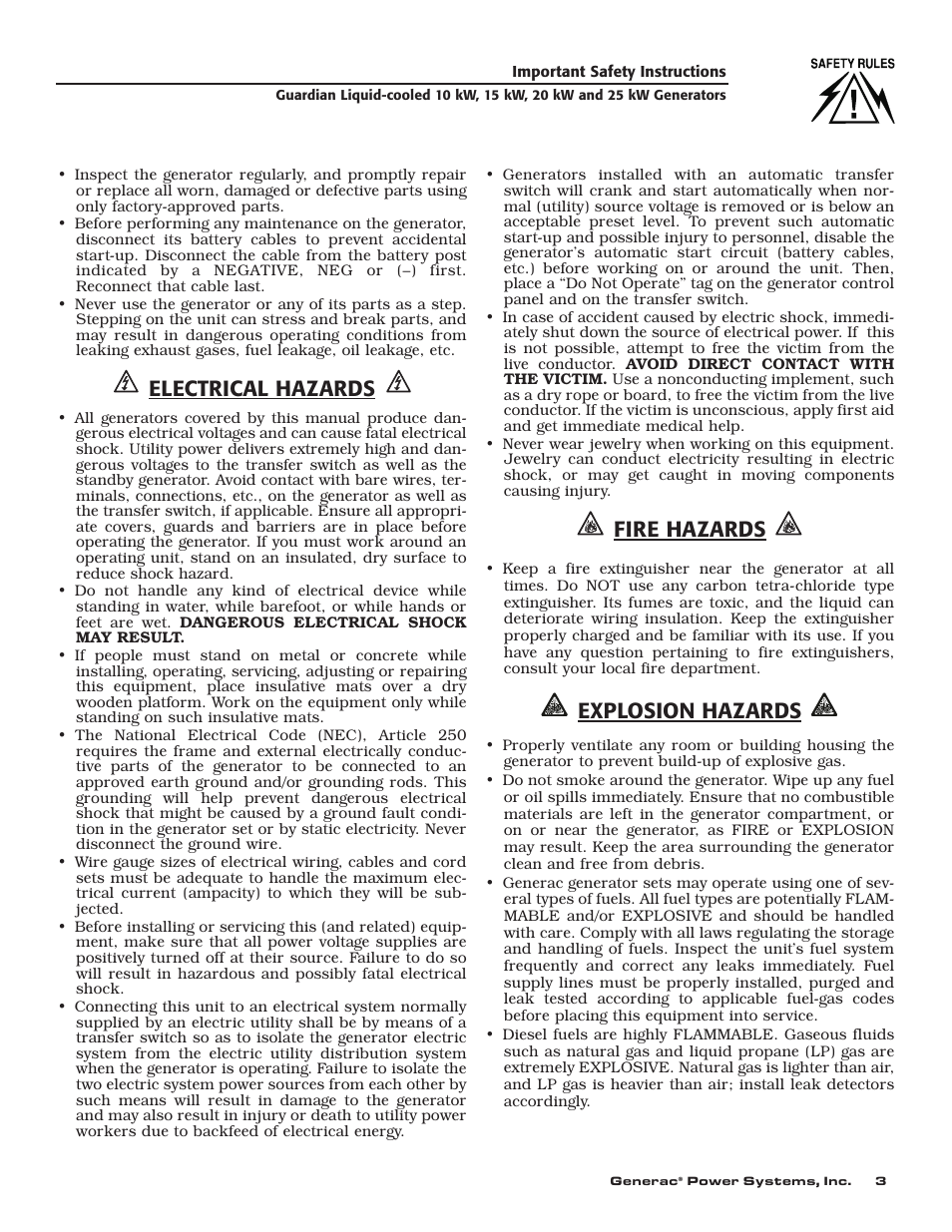 Electrical hazards, Fire hazards, Explosion hazards | Generac 004090-2 User Manual | Page 5 / 52
