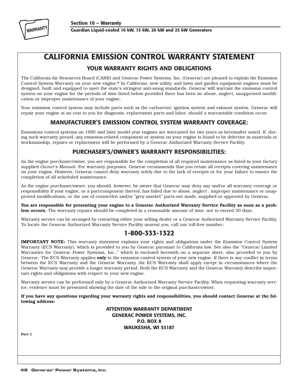 California emission control warranty statement | Generac 004090-2 User Manual | Page 50 / 52