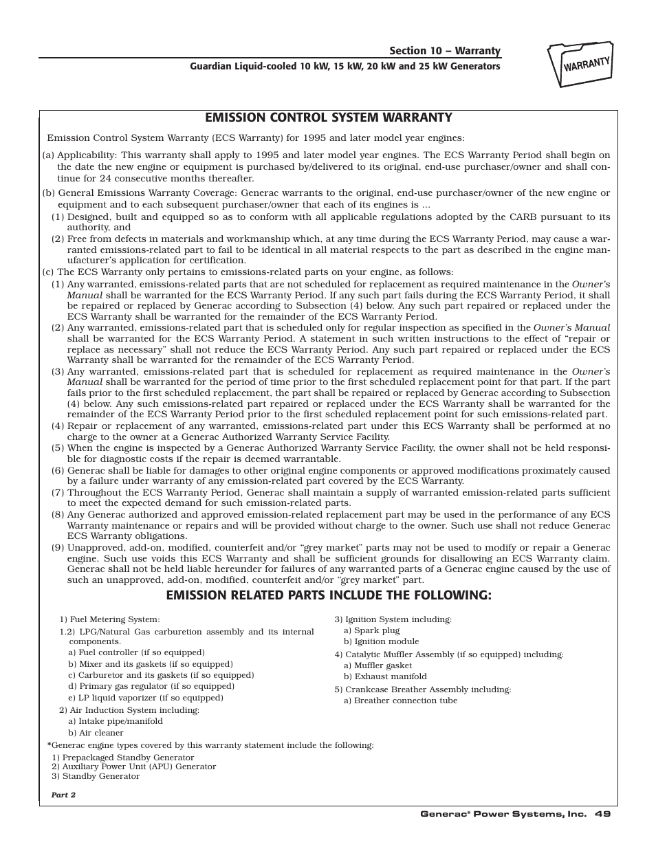 Emission control system warranty, Emission related parts include the following | Generac 004090-2 User Manual | Page 51 / 52