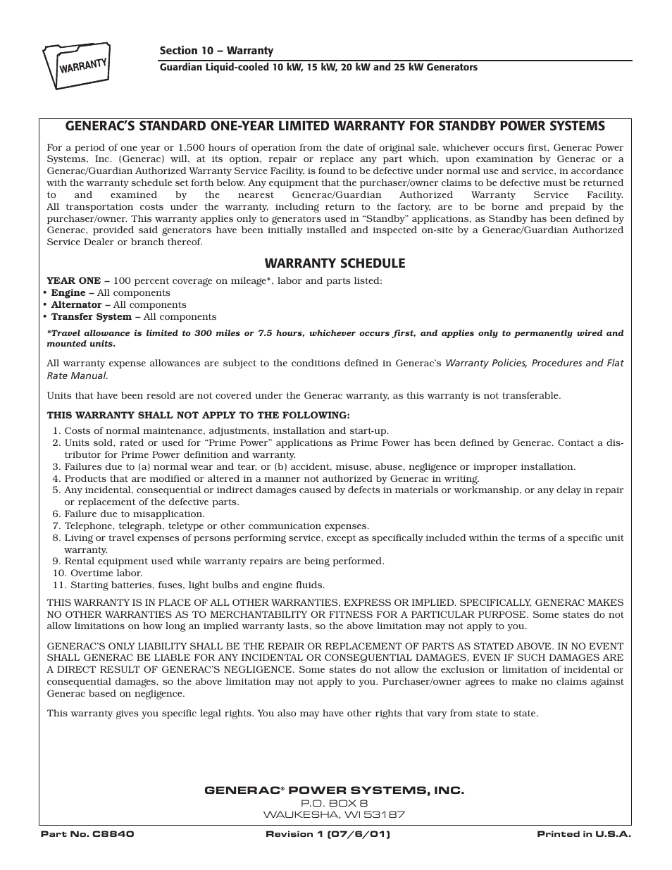 Warranty schedule | Generac 004090-2 User Manual | Page 52 / 52