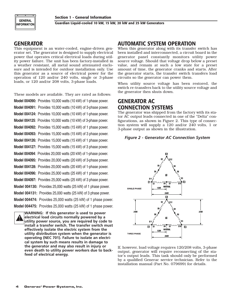 Generator, Automatic system operation, Generator ac connection systems | Generac 004090-2 User Manual | Page 6 / 52