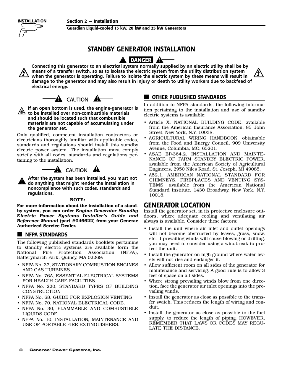 Generator location, Standby generator installation | Generac 004188-1 User Manual | Page 10 / 60