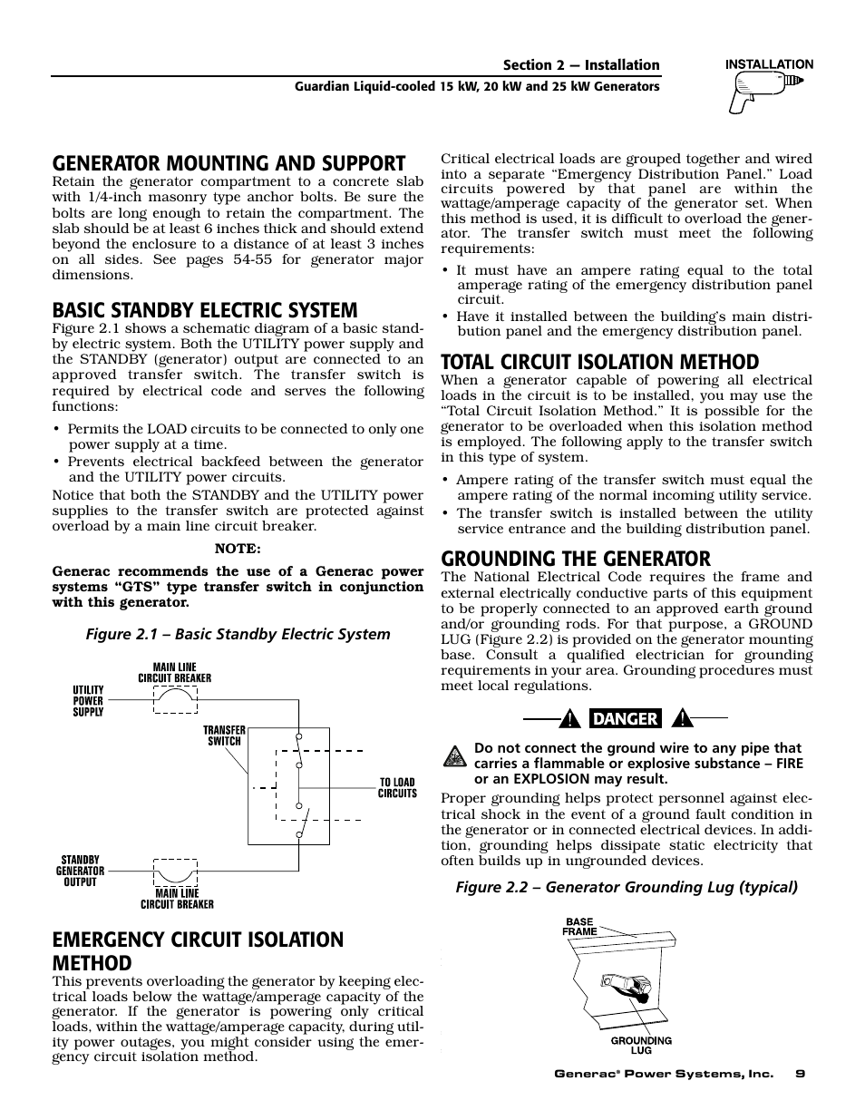 Generator mounting and support, Basic standby electric system, Emergency circuit isolation method | Total circuit isolation method, Grounding the generator | Generac 004188-1 User Manual | Page 11 / 60