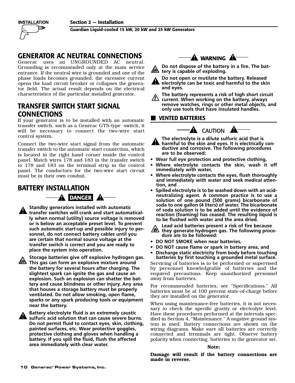 Generator ac neutral connections, Transfer switch start signal connections, Battery installation | Generac 004188-1 User Manual | Page 12 / 60