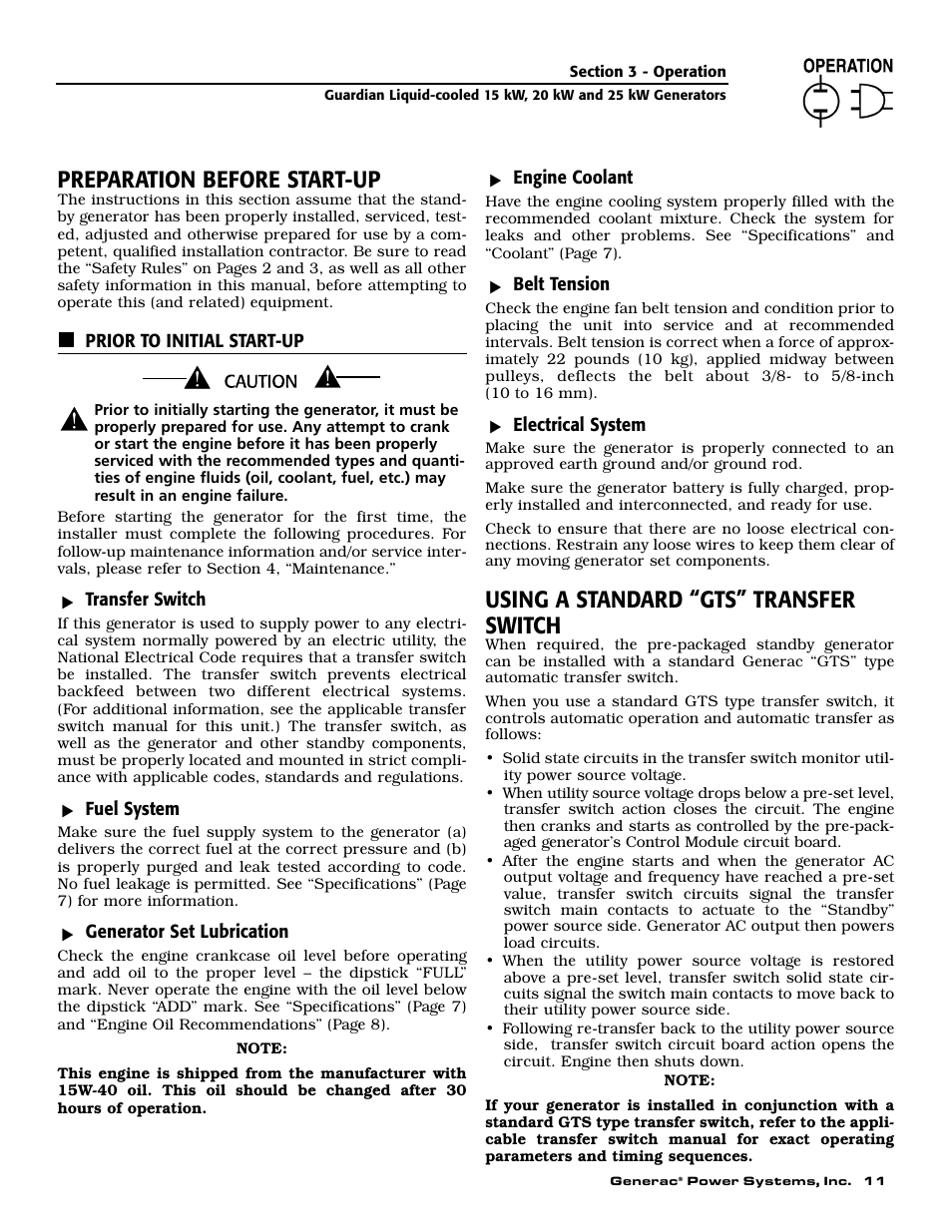 Preparation before start-up, Using a standard “gts” transfer switch | Generac 004188-1 User Manual | Page 13 / 60