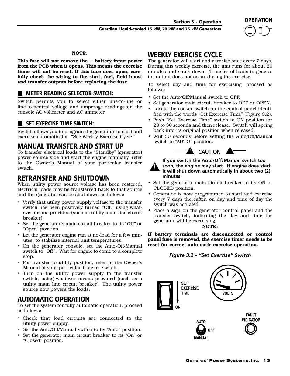 Manual transfer and start up, Retransfer and shutdown, Automatic operation | Weekly exercise cycle | Generac 004188-1 User Manual | Page 15 / 60