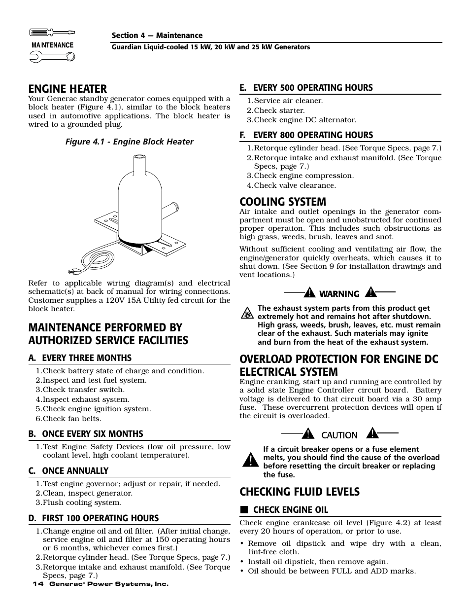 Engine heater, Cooling system, Checking fluid levels | Generac 004188-1 User Manual | Page 16 / 60