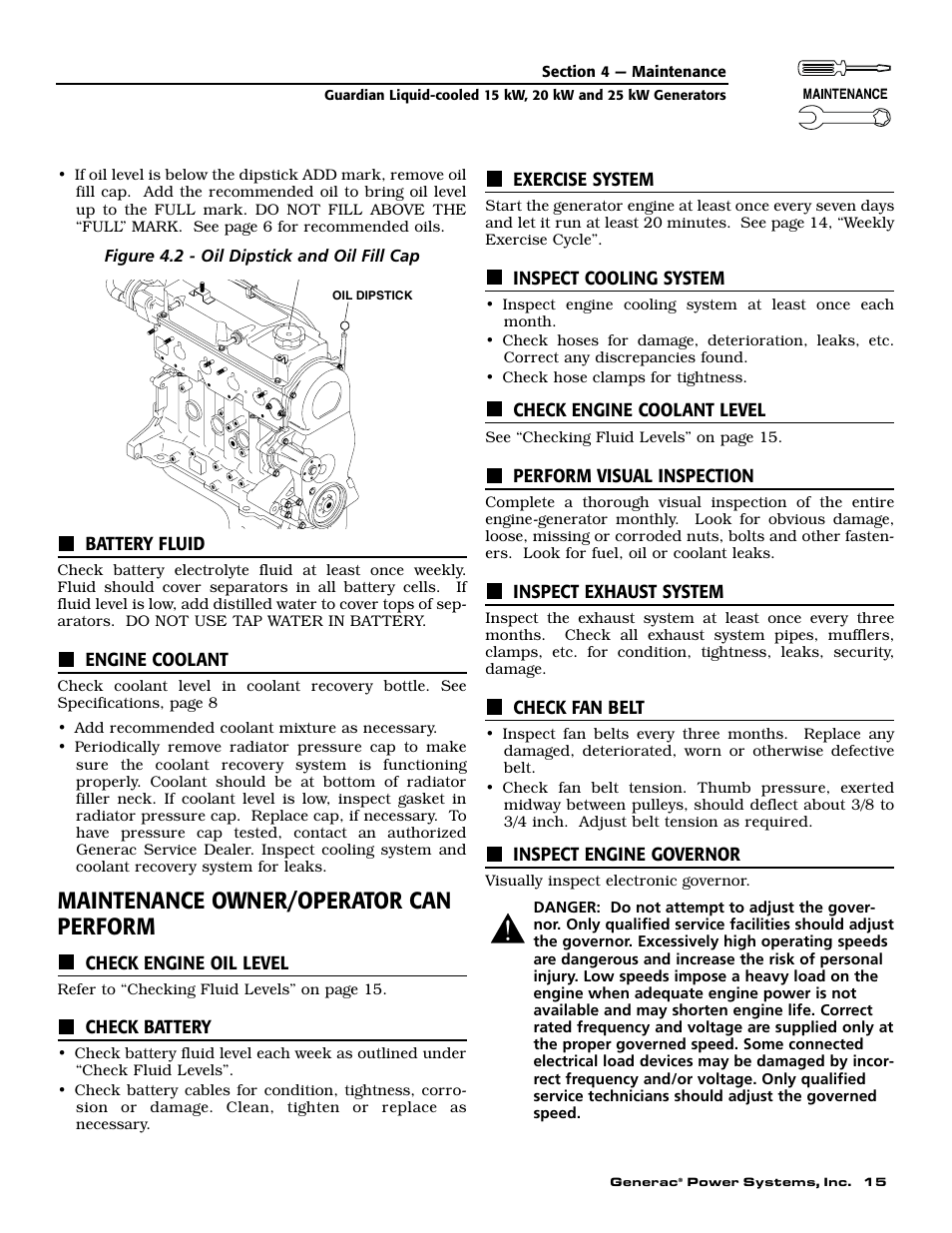 Maintenance owner/operator can perform | Generac 004188-1 User Manual | Page 17 / 60