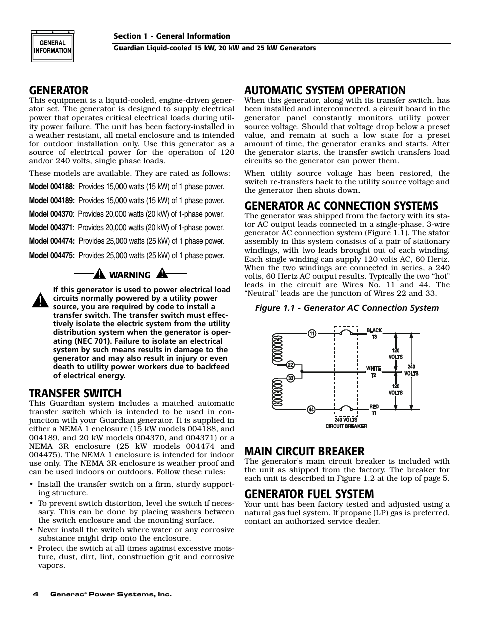 Generator, Transfer switch, Automatic system operation | Generator ac connection systems, Main circuit breaker, Generator fuel system | Generac 004188-1 User Manual | Page 6 / 60