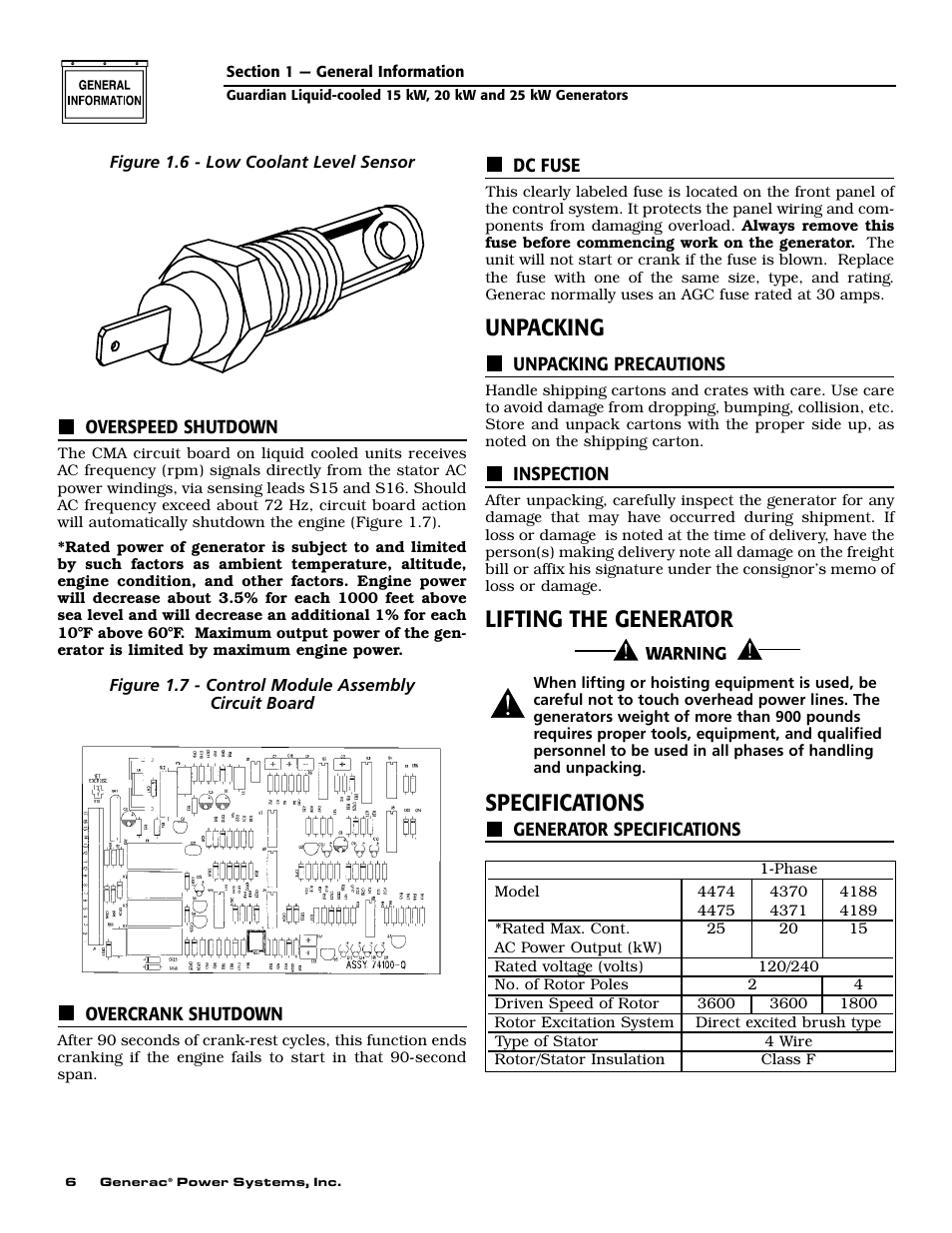 Unpacking, Lifting the generator, Specifications | Generac 004188-1 User Manual | Page 8 / 60