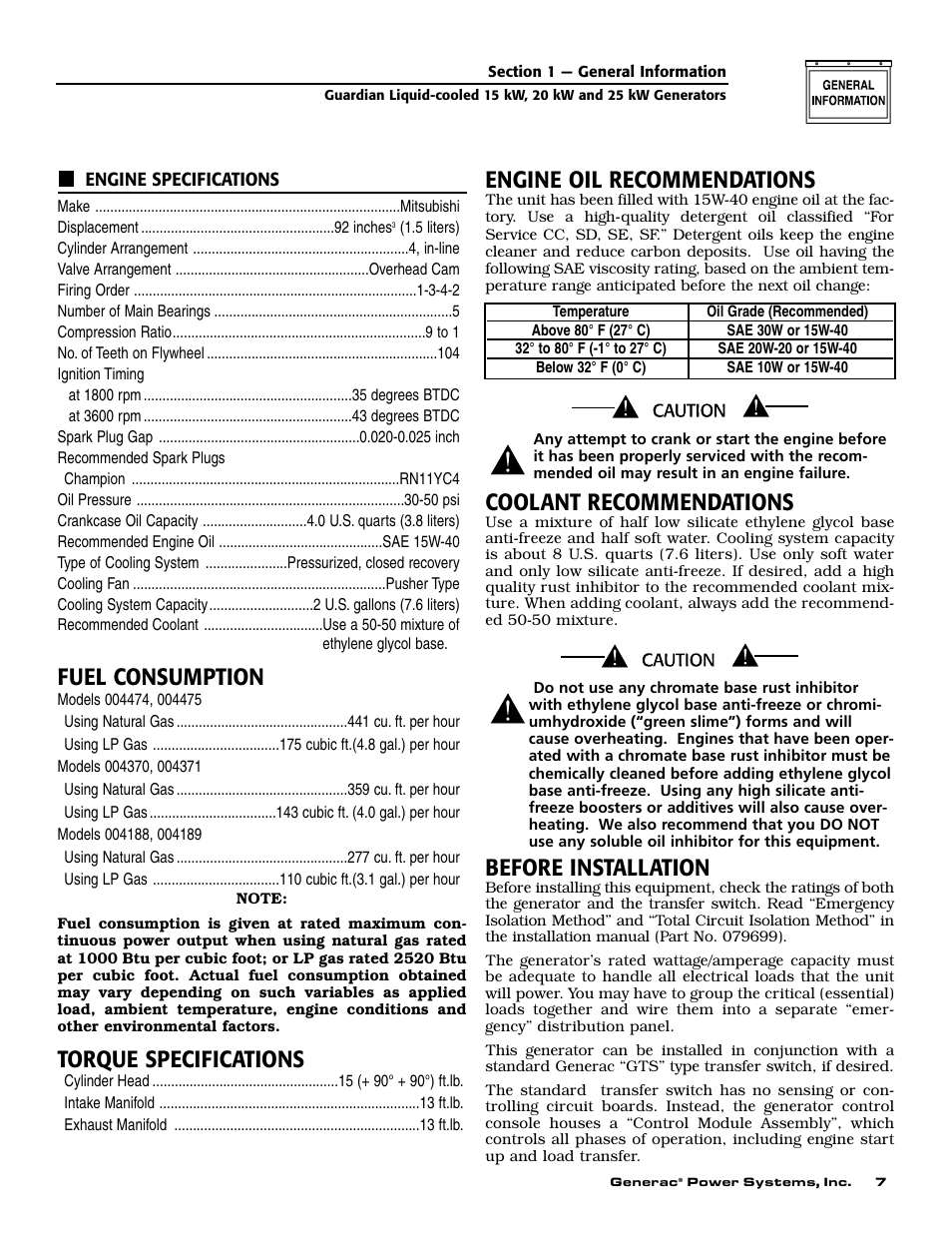 Fuel consumption, Torque specifications, Engine oil recommendations | Coolant recommendations, Before installation | Generac 004188-1 User Manual | Page 9 / 60