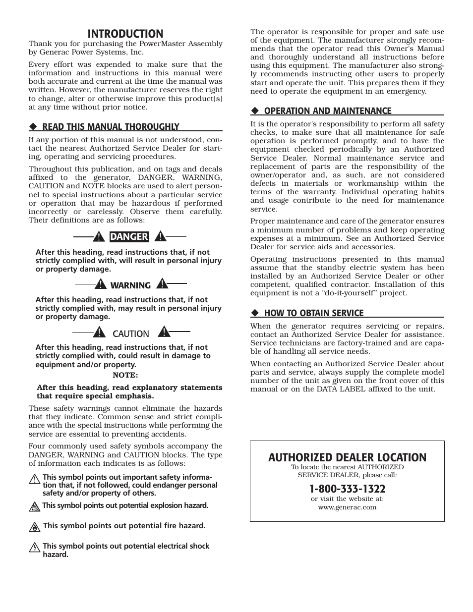 Introduction, Authorized dealer location | Generac Generator User Manual | Page 2 / 16