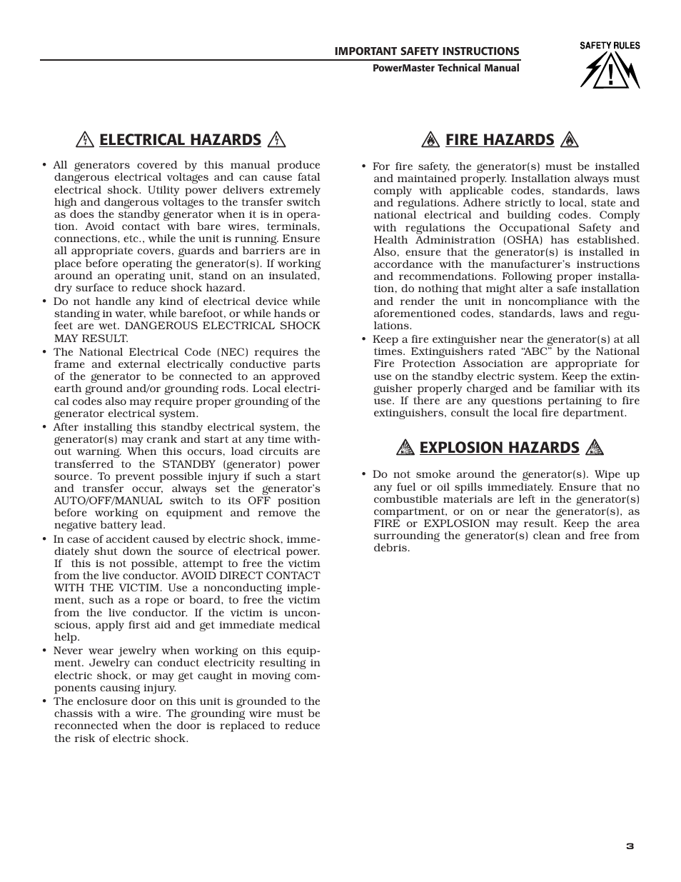 Electrical hazards, Fire hazards, Explosion hazards | Generac Generator User Manual | Page 5 / 16