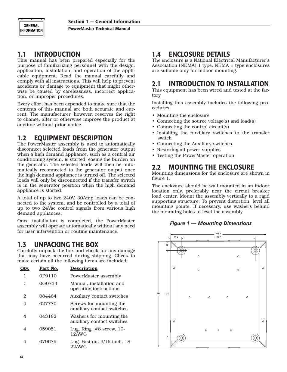 1 introduction, 2 equipment description, 3 unpacking the box | 4 enclosure details, 1 introduction to installation, 2 mounting the enclosure | Generac Generator User Manual | Page 6 / 16