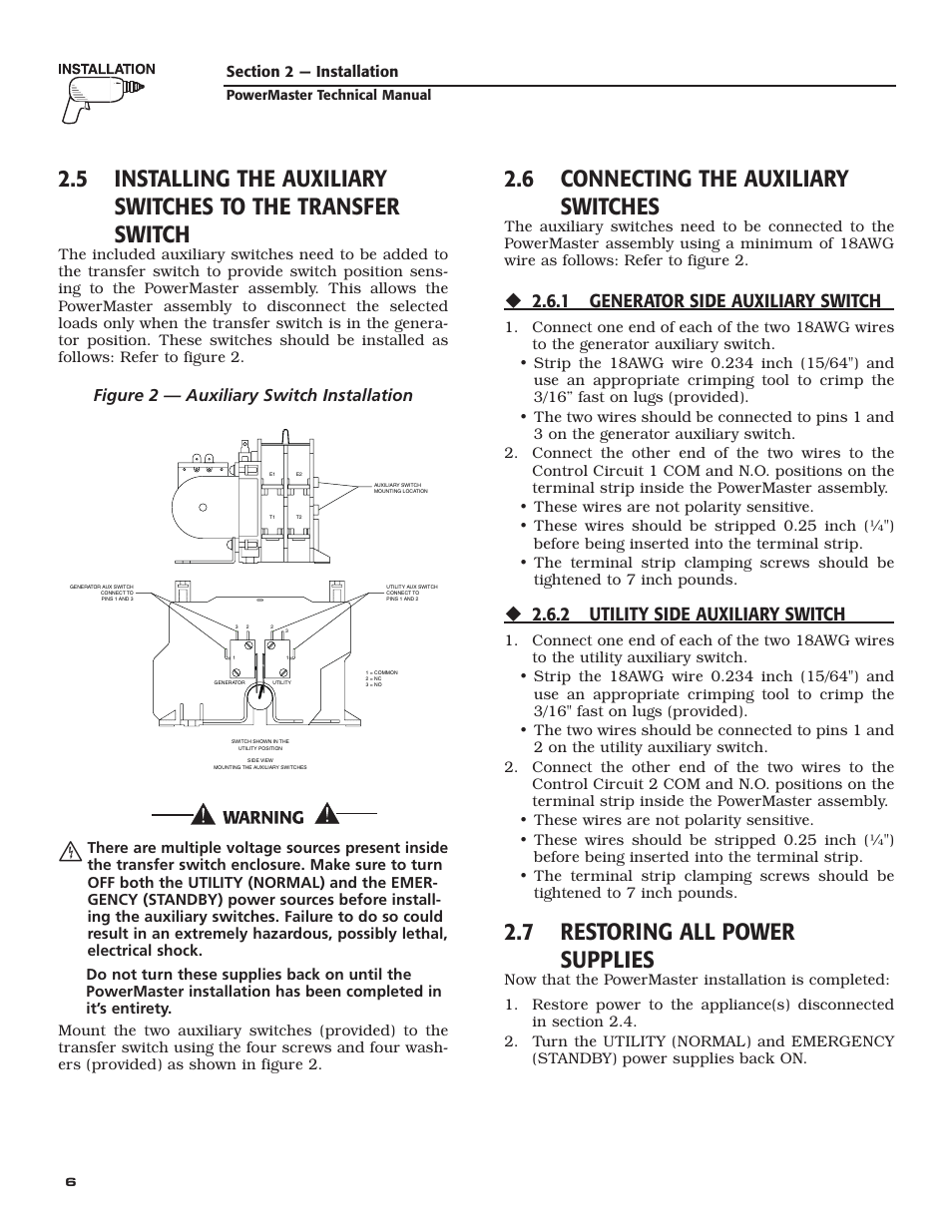 6 connecting the auxiliary switches, 7 restoring all power supplies, 1 generator side auxiliary switch | 2 utility side auxiliary switch, Figure 2 — auxiliary switch installation | Generac Generator User Manual | Page 8 / 16
