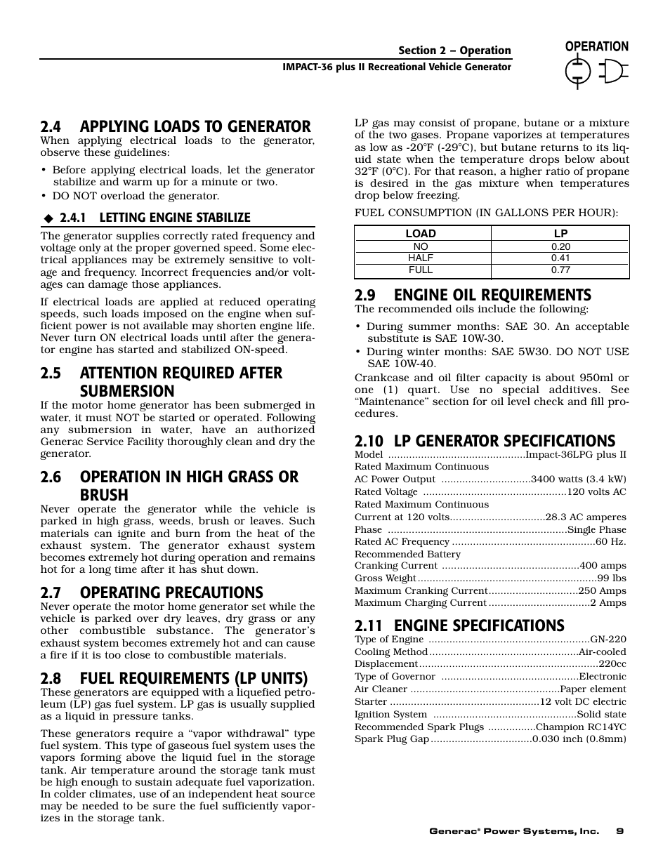 4 applying loads to generator, 5 attention required after submersion, 6 operation in high grass or brush | 7 operating precautions, 8 fuel requirements (lp units), 9 engine oil requirements, 10 lp generator specifications, 11 engine specifications | Generac 00941-4 User Manual | Page 11 / 52