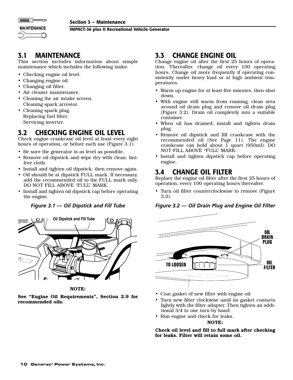 1 maintenance, 2 checking engine oil level, 3 change engine oil | 4 change oil filter | Generac 00941-4 User Manual | Page 12 / 52