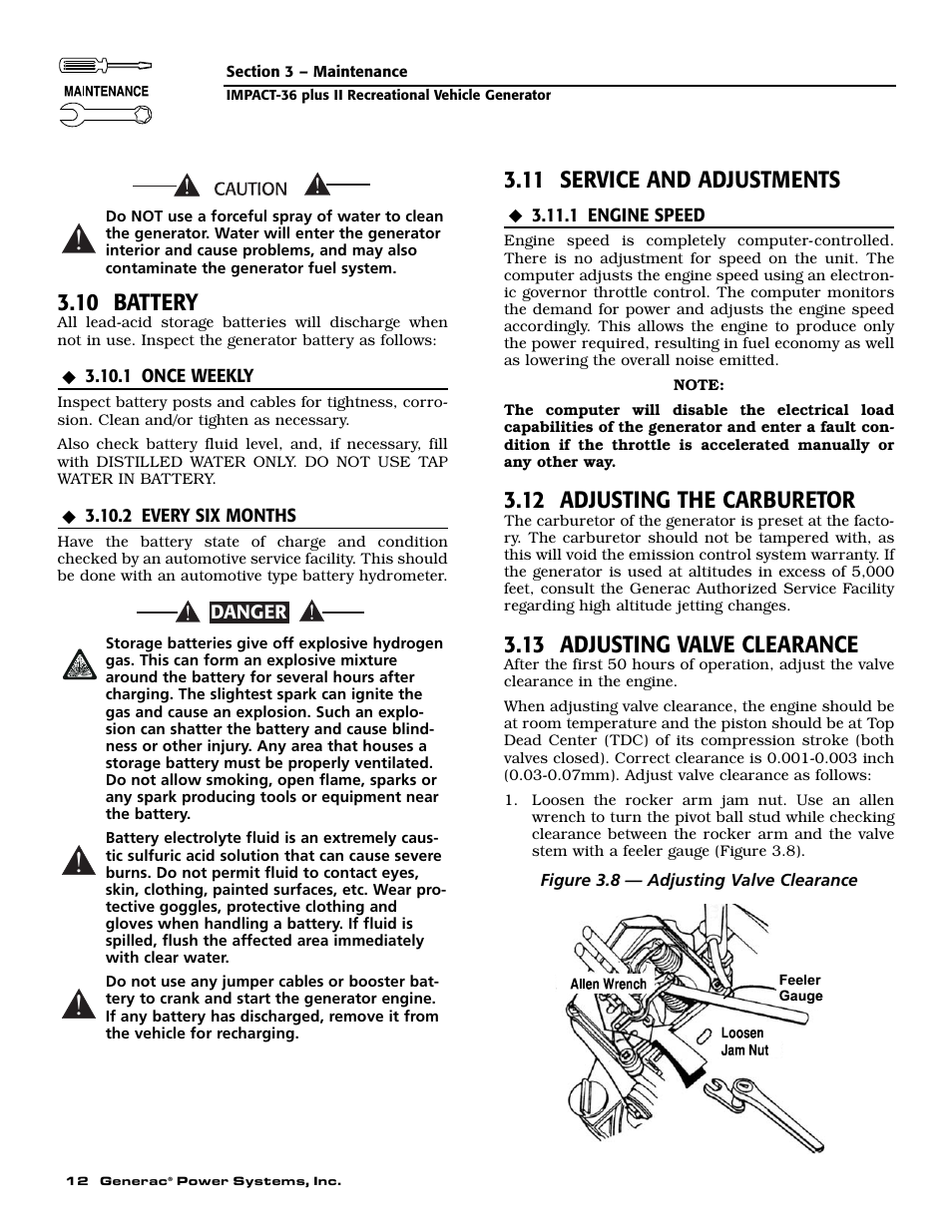 10 battery, 11 service and adjustments, 12 adjusting the carburetor | 13 adjusting valve clearance | Generac 00941-4 User Manual | Page 14 / 52