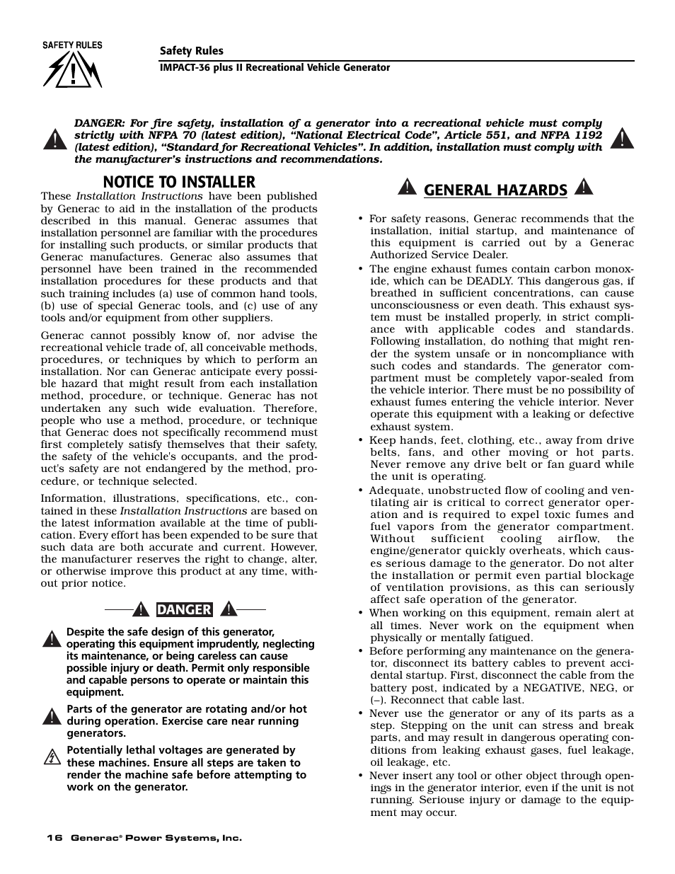 Notice to installer, General hazards | Generac 00941-4 User Manual | Page 18 / 52
