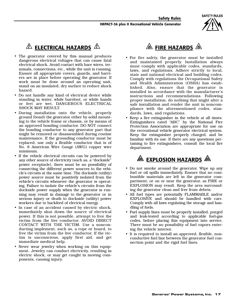 Electrical hazards, Fire hazards, Explosion hazards | Generac 00941-4 User Manual | Page 19 / 52
